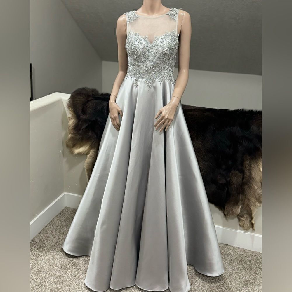 Stunning Silver Embroidered Floral Lace &  Beaded Illusion A-Line Gown